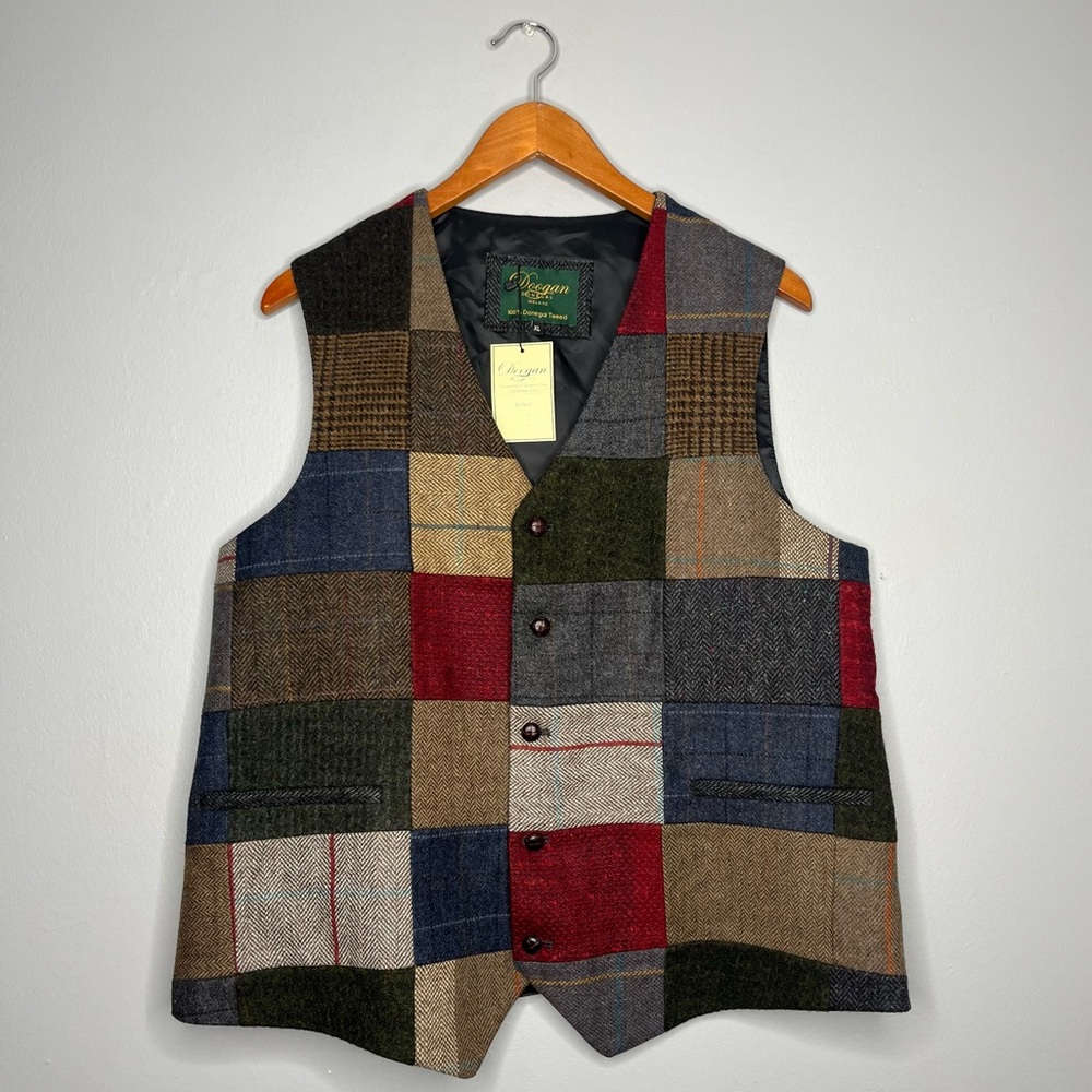 Vintage Doogan Donegal Ireland Tweed Patchwork Waistcoat Knit Wool Vest NWT AA